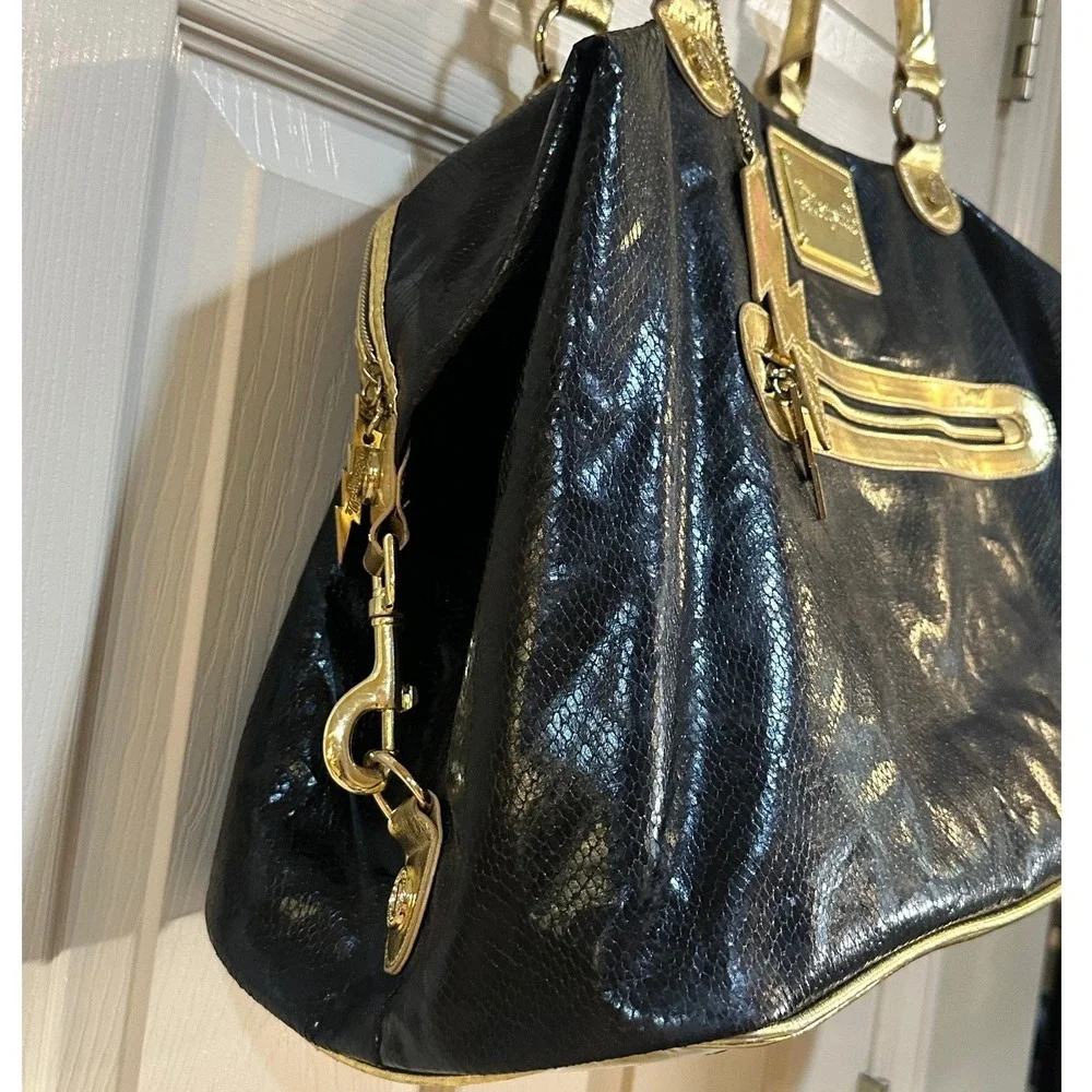 Betseyville Betsey Johnson Black Gold Snake Embossed Lightning Bolt Satchel Bag